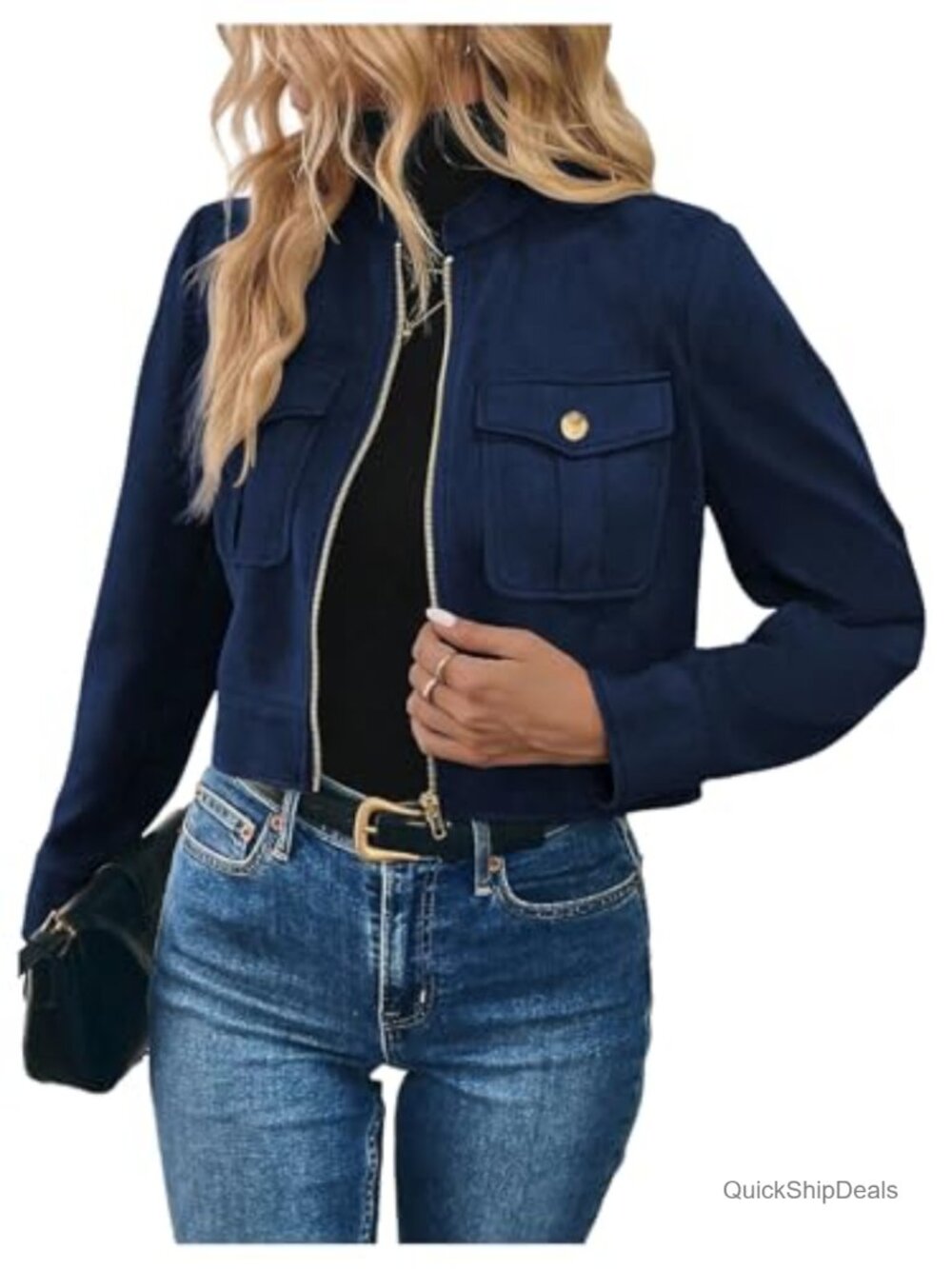 Faux Suede Cropped Jacket Zip Up Lightweight Casual